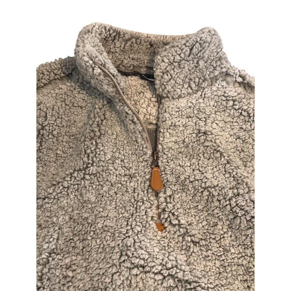 Katydid Gray Fleece Sherpa Quarter Zip Pullover Leather Zipper Pull Pockets Sz M - Picture 3 of 4